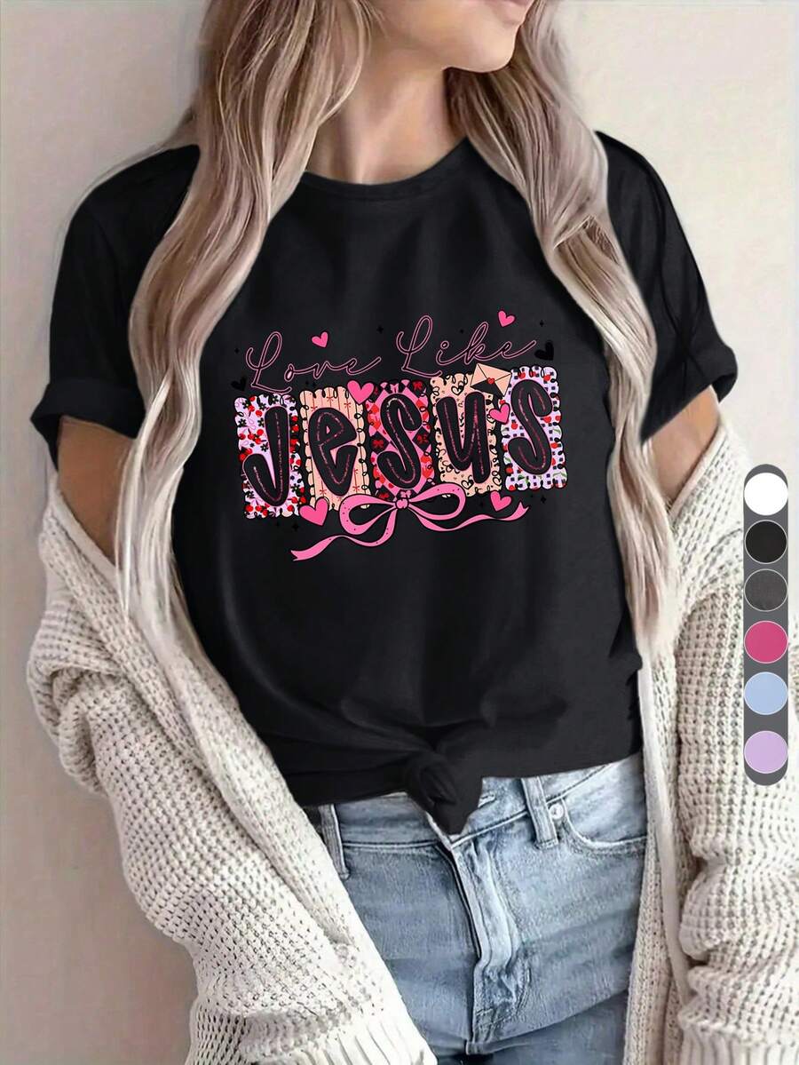 Women's Casual Short Sleeve T-Shirt Y2K Style | Round Neck, High-Stretch Fabric, Printed With "Love Like" And Christian Valentine's Day Theme, Comfortable For All Seasons - 黑色 - 查看 1