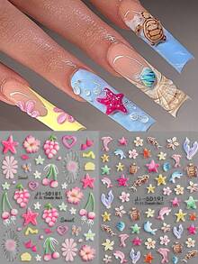 2pcs 5D Summer Nail Art Stickers: Starfish, Turtle, Dolphin, Cherry, Fruit, Ocean Theme, Self-Adhesive Nail Stickers, Y2K Cute Nail Art Decorations, Nail Salon Accessories, DIY Nail Supplies - Multicolor - View 2