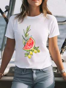 Women's 100% Cotton 180g Casual T-Shirt With Fruit Print - Geometric Watermelon Design, Breathable, Loose Fit, Crew Neck, Short Sleeve, Suitable For Casual Wear, Parties, Work And All Seasons (White/Black, Sizes S-XXL), Comfortable Fabric, Fun Design, Versatile Style For Everyday Wear, Durable - 白色 - 查看 5