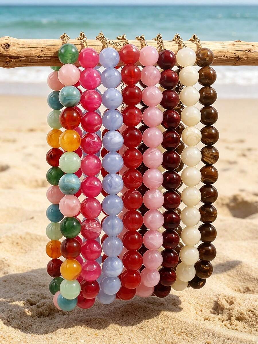 1pc European And American Bohemian Round Geometric Cloud Multicolor Beaded Necklace, Stainless Steel 18K Gold Lobster Clasp, Gift & Daily Wear - Handmade Resin Beaded Stainless Steel Necklace - View 1