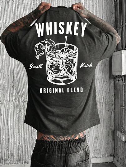  Krometka Men's Casual Versatile Minimalist Personalized Wine Glass English Slogan Print Short Sleeve T-Shirt