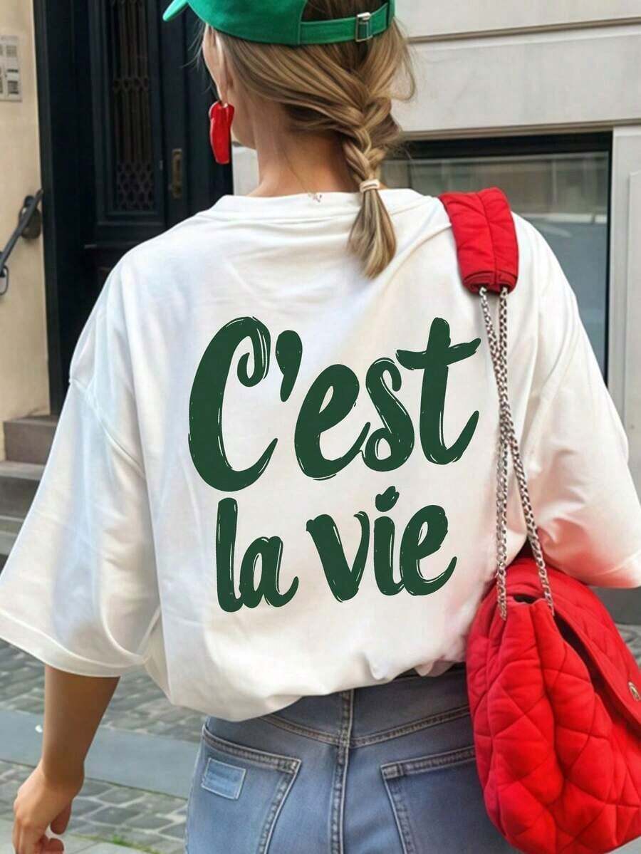 Camiseta de manga corta con cuello redondo y estampado de letras para mujer, adecuada para vacaciones, oficina, uso diario, citas, fiestas, reuniones, calle, carnaval, festivales de música, Día de San Valentín, ocasiones festivas, estilo casual de verano. - Blanco - Ver 1