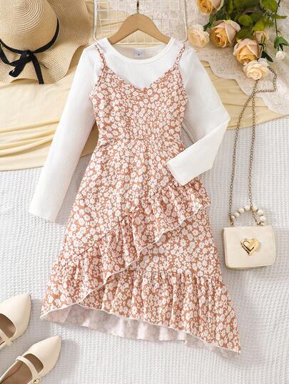 Conjunto de 2 piezas para niñas, estilo pastoral suave, 8-12 años, camiseta de manga larga con cuello redondo de punto acanalado blanco + vestido camisola floral con dobladillo asimétrico con volantes, uso casual diario