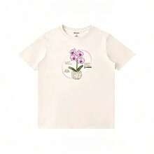 Women's Clothing Summer Sets For Women, Short Sleeve T-Shirt With Hand-Painted Phalaenopsis Print, Unisex, Loose Fit, 100% Cotton Women's Shirts - 杏色 - 查看 2