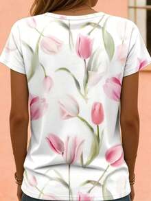 Women's Casual White Round Neck T-Shirt With Tulip Print, Loose Fit And Short Sleeves, For Casual Wear, Holidays And Everyday Use - 彩色 - 查看 3