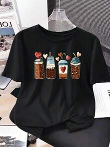 Limited Time Offer, Limited Quantities, Flash ! Women's Casual Shirts, Women's Polyester T-Shirts, Elegant Shirts. Women's Short-Sleeved, Round-Neck Sports T-Shirt With Ice Cream, Coffee, Caramel, And Tea Prints, Perfect For Summer. - 黑色 - 查看 2