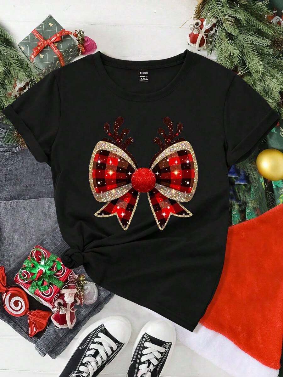 Korean Christmas Casual T-Shirt For Women With Cartoon Reindeer Antler Design, Bright Plaid Stripes And Bow Print, Basic Short Sleeve T-Shirt Suitable For Christmas Parties, Women's Top, Graphic Print T-Shirt. - 黑色 - 查看 1