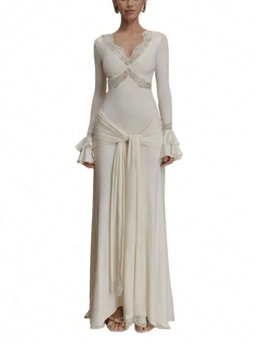 Long-Sleeved Dress With Lace Trim, Flared Sleeves And Floating Ribbons, Fitted Cut And Elegant Style. - 白色 - 查看 1