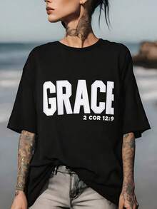 Grace T-Shirt - 2 Corinthians 12:9, Soft And Comfortable 180g T-Shirt, Suitable For Family Gatherings And Corporate Events, Perfect Gift For Easter And Various Occasions, Blouses For Women - 黑色 - 查看 7