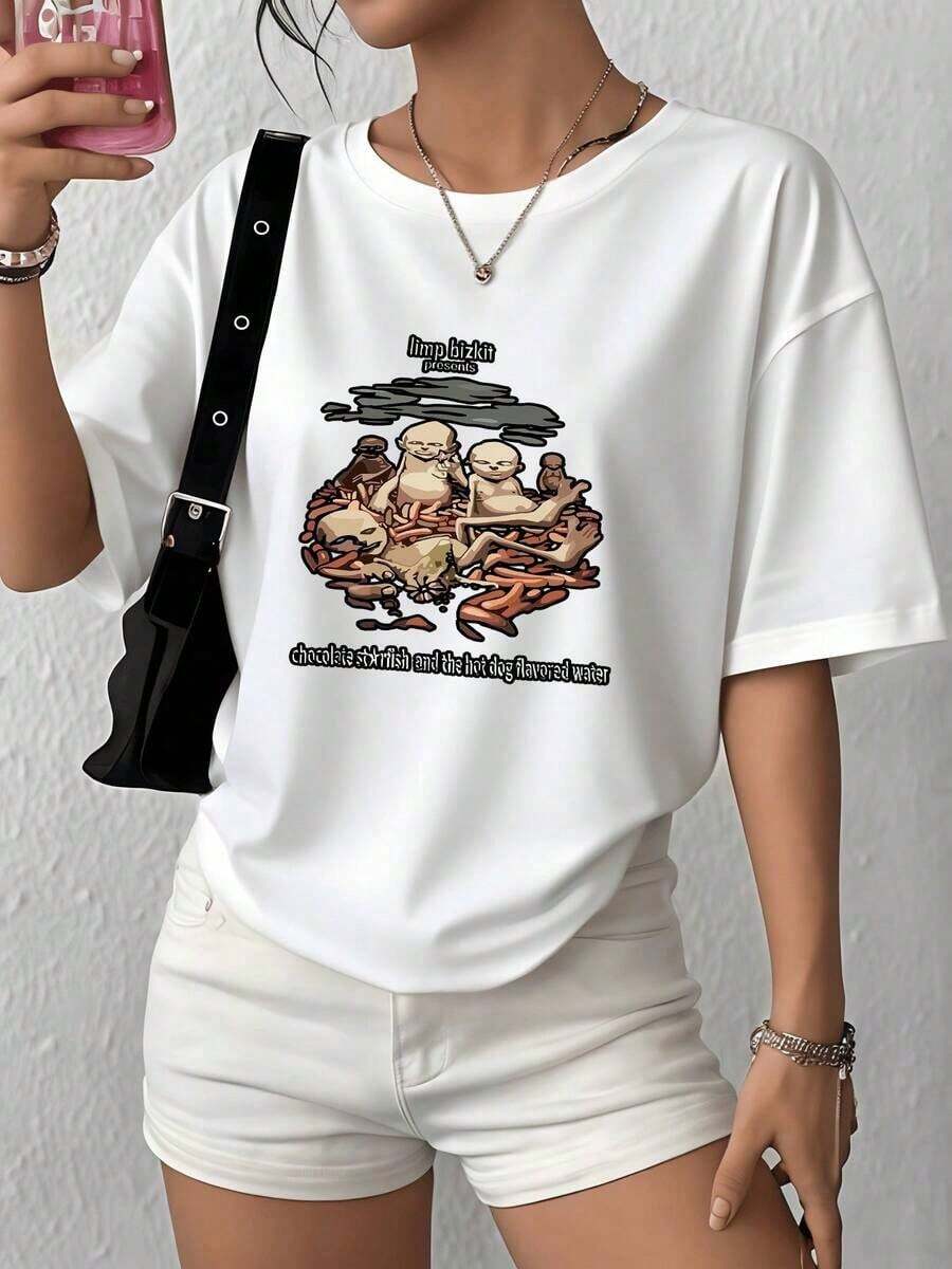 Women's Casual Graphic Print T-Shirt, 220g, Limp Bizkit Album Cover, 100% Cotton, 1 Piece, Bold Style, Oversized Graphic Print T-Shirt, Short Sleeve T-Shirt - 白色 - 查看 1