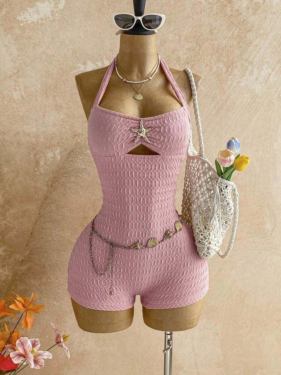 Mono de textura de unicolor con lazo de atar en el cuello para vacaciones, para fiesta en la playa - Rosa - Ver 1