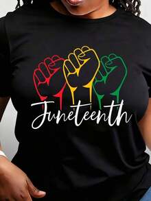 Women's Juneteenth Cuff Design T-Shirt, Casual Round Neck, Short Sleeve, Comfortable For Everyday Wear, Perfect For Celebrating Freedom And Heritage, Ideal For Everyday Outfits And Special Occasions. - 黑色 - 查看 1