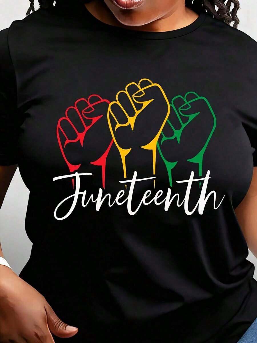 Women's Juneteenth Cuff Design T-Shirt, Casual Round Neck, Short Sleeve, Comfortable For Everyday Wear, Perfect For Celebrating Freedom And Heritage, Ideal For Everyday Outfits And Special Occasions. - 黑色 - 查看 1
