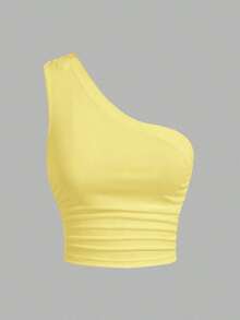 Blusa de un hombro de punto en tonos negro y beis para mujer - amarillo ganso - Ver 4