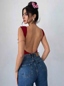 Body elegante y romántico sin espalda para mujer, adecuado para fiestas, vacaciones, regreso a clases, citas románticas y atuendo de boda y cumpleaños - Burdeos - Ver 1