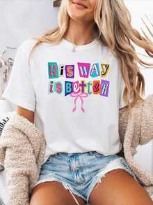 1 Piece Women's Casual Short Sleeve T-Shirt, Spring-Summer, Round Neck, Full English Alphabet Letter Print Blouse, Relaxed Fit, Opaque Top For Casual Outfit, Machine Washable, Spring-Summer Wardrobe Essential, 100% Cotton, 180g. - 白色 - 查看 1