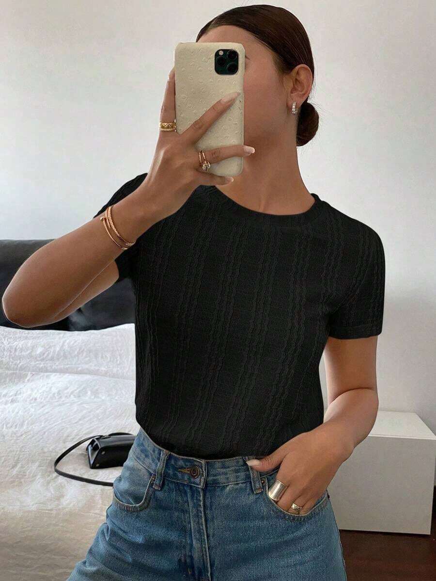 Camiseta de cuello redondo de manga corta de unicolor para mujer, versátil para el verano - Negro - Ver 1