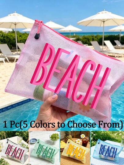 Multi-Color Waterproof Fashion Mesh Fabric Beach Bag, Make Up Bag With Color "Beach"Printing, Beach Theme. Large Capacity Transparent Cosmetic Bag, Toiletry Bag With Nylon Zipper - Lightweight, Storing Documents, Stationery, Sunscreen, Snacks, Bikinis, And Beach Essentials. Spring And Summer Storage, Durable