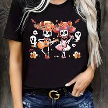 Women's T-Shirt: Casual Short-Sleeved Crew Neck T-Shirt With A Day Of The Dead Print. Made From A Soft Blend With Spandex, This Stretchy Crew Neck T-Shirt Is Machine Washable-Perfect For Spring And Summer-A  Lightweight Summer Short-Sleeved T-Shirt. Women's T-Shirts. - 黑色 - 查看 7