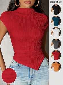 Camiseta de punto con bajo asimétrico de unicolor para mujer, primavera - Rojo - Ver 1