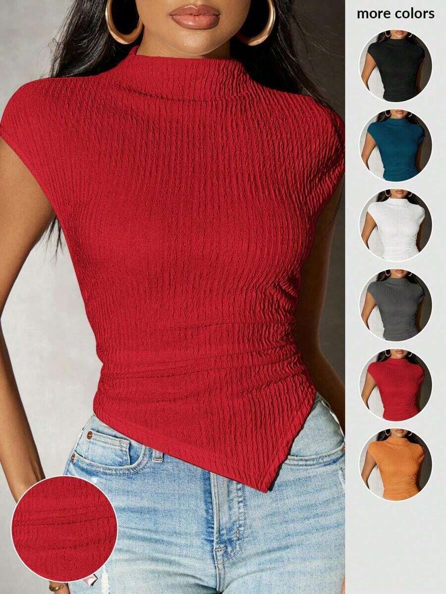 Camiseta de punto con bajo asimétrico de unicolor para mujer, primavera - Rojo - Ver 1