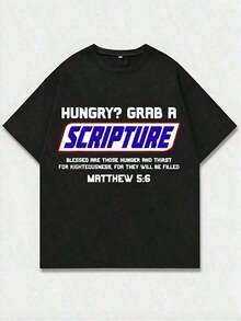 Perfect For Everyday Wear. Black T-Shirt With The Phrase "HUNGRY?" "GRAB A SCRIPTURE" And Bible Verse Text. Casual Print, Comfortable And Versatile. 220g Pure Cotton Printed T-Shirt With Letter Pattern. Unisex Style, Crew Neck. Suitable For Casual Outings, Travel, Beach, School, Working From Home, And Weekend Activities. Comfortable And Stylish For Any Occasion. - 黑色 - 查看 8