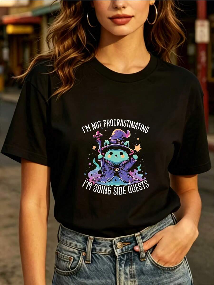Women's Everyday Fashion T-Shirt, 180G, Soft, With The Phrase 'I'm Not Procrastinating, I'm On A Side Mission' - A Perfect Gift For Family And Friends, Festive Design, And Unique Print T-Shirt, Suitable For Casual Wear, Parties And Team-Building Activities. - 黑色 - 查看 1