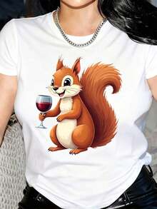 New Arrivals For Summer. Women's T-Shirt With A Fun Squirrel Holding A Wine Glass Design - Soft, Casual Crew Neck, Short Sleeves, Lightweight And Breathable, Perfect For Casual Outfits, Fun Graphic Tee, Comfortable Fit. Blouse, Shirt > Beautiful. - 白色 - 查看 1