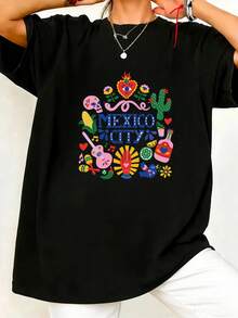Camiseta de mujer con elementos folclóricos mexicanos del Cinco de Mayo como calaveras, guitarras y cactus. Camiseta de manga corta informal de verano para mujer. Top deportivo de manga corta estampado a la moda para mujer. - Negro - Ver 7