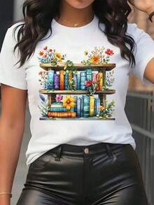 New Arrivals For Summer. Women's T-Shirt With A Floral And Book Print, Round Neck, Casual Style For Everyday Wear, Soft And Comfortable, Festive Style. Blouse, Shirt > Beautiful. - 白色 - 查看 1