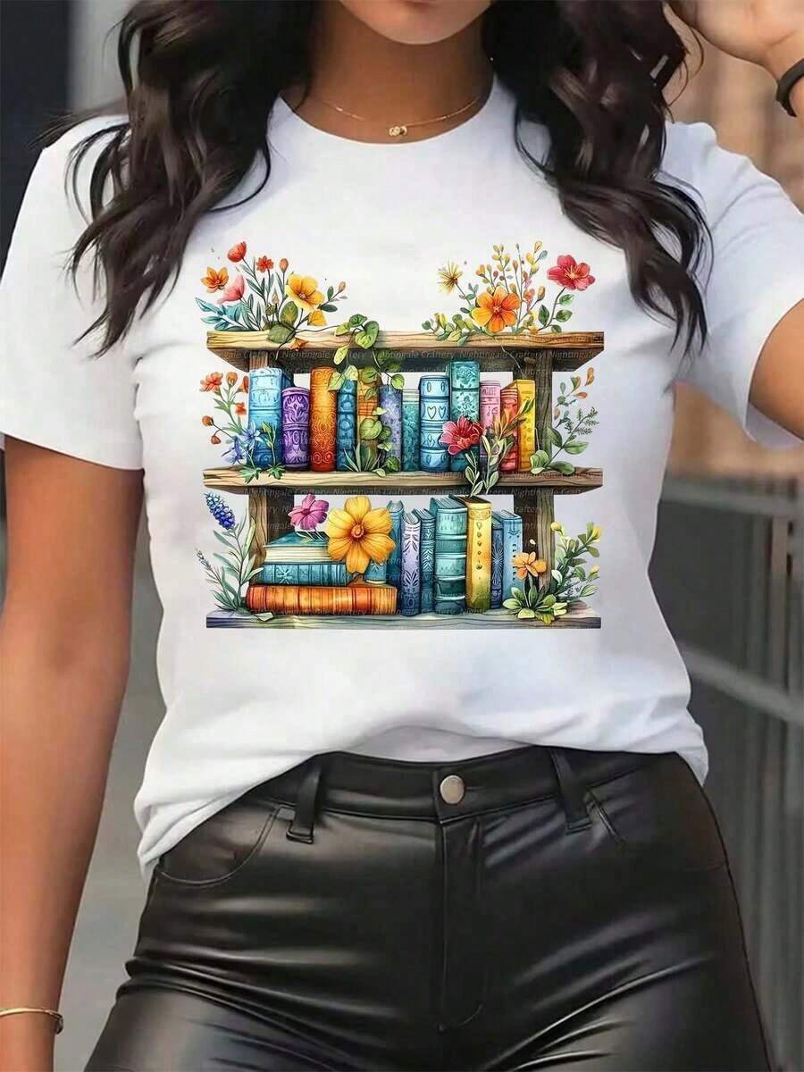New Arrivals For Summer. Women's T-Shirt With A Floral And Book Print, Round Neck, Casual Style For Everyday Wear, Soft And Comfortable, Festive Style. Blouse, Shirt > Beautiful. - 白色 - 查看 1