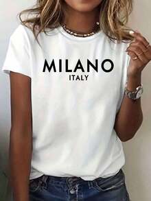 New arrivals for summer.Milano Letter Print TShirt Women Casual Short Sleeve Round Neck Top Soft Fabric Relaxed Fit AllSeason Wear Casual WearMinimalist StyleSoft Fabric TopBlouse,Shirt > Beautiful. - Blanco - Ver 1