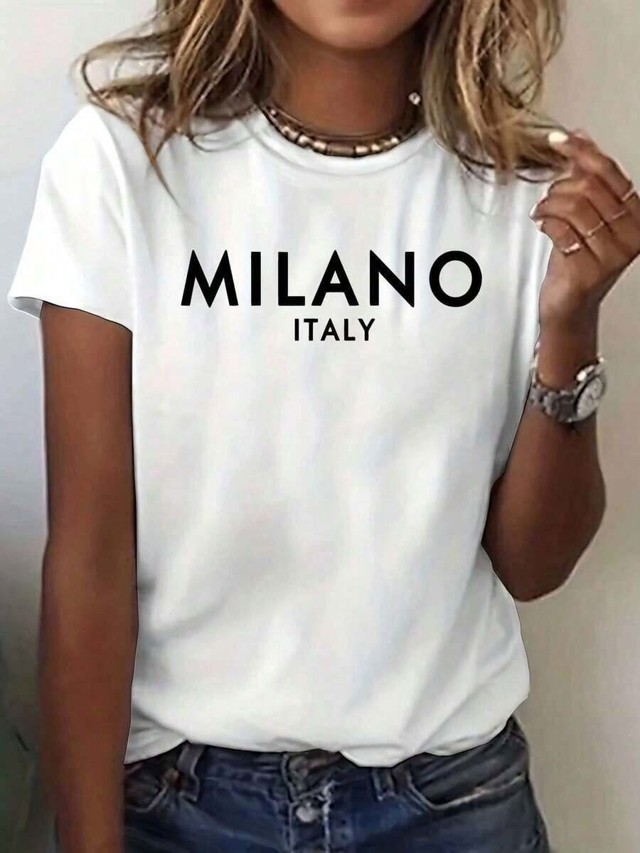 New arrivals for summer.Milano Letter Print TShirt Women Casual Short Sleeve Round Neck Top Soft Fabric Relaxed Fit AllSeason Wear Casual WearMinimalist StyleSoft Fabric TopBlouse,Shirt > Beautiful. - Blanco - Ver 1