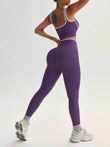 Conjunto deportivo de mujer de dos piezas con bloques de color sin costuras, malla de yoga, conjunto de fitness, conjunto de entrenamiento de dos piezas, conjunto activo de dos piezas, conjunto deportivo negro de dos piezas - Morado - Ver 2