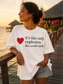 T-Shirt With Love Quote And Red Heart, Aesthetic Graphic T-Shirt, Cute Summer T-Shirt, Gift For Her, Minimalist T-Shirt With Positive Message - 白色 - 查看 3