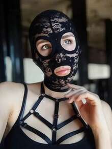 威尼斯哥特式蕾丝面具，男女通用全脸蕾丝面具，带眼部和嘴部开口，黑色网状头饰，适合角色扮演派对、万圣节、舞台表演和舞会 - 黑色 - 查看 4