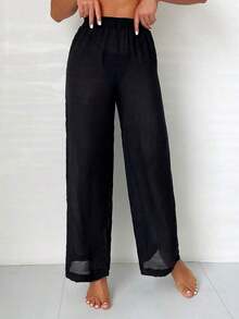 Swim Pantalones cover up unicolor de cintura elástica - Negro - Ver 1