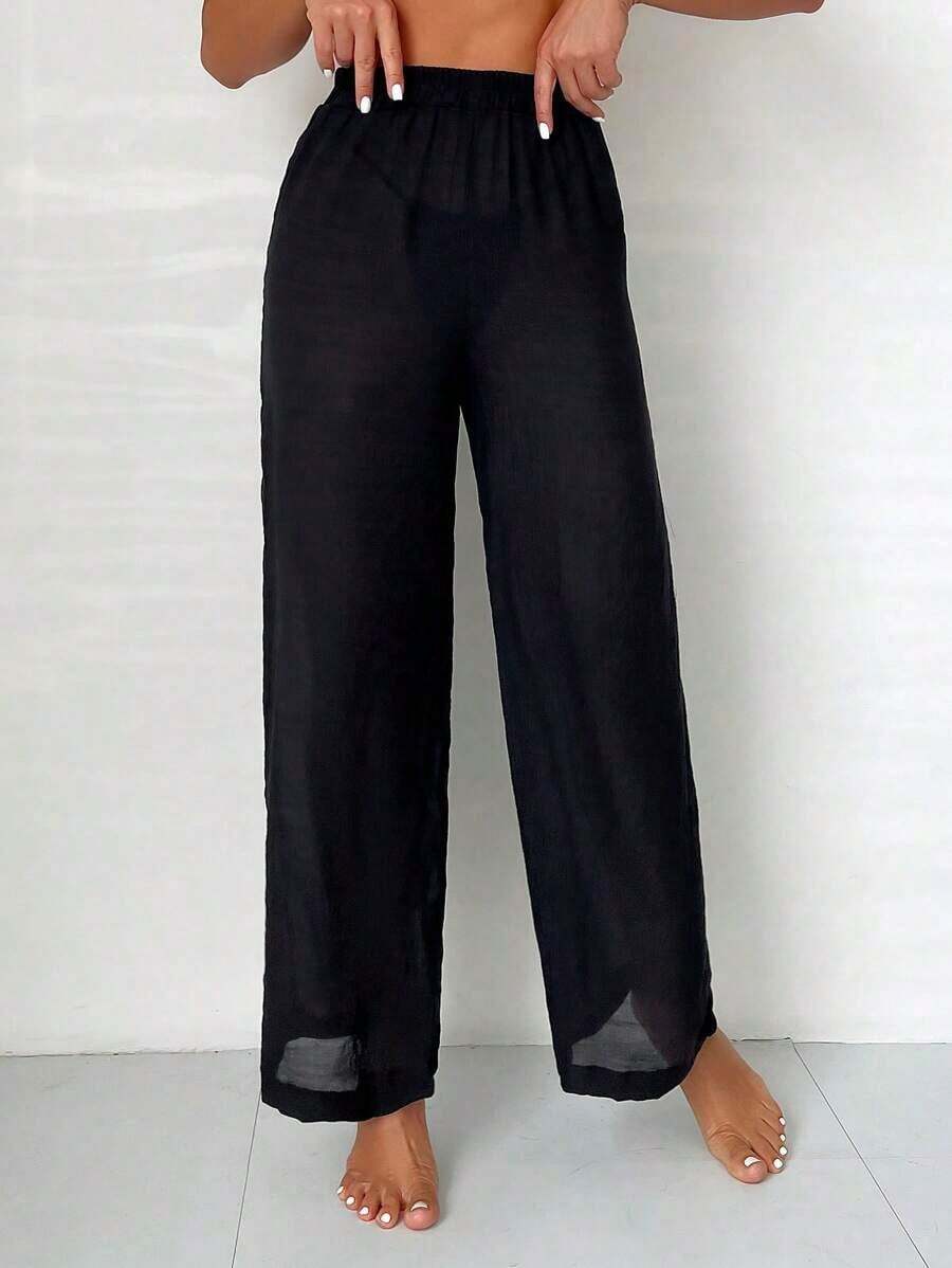 Swim Pantalones cover up unicolor de cintura elástica - Negro - Ver 1