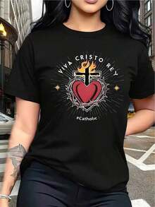 Simple And Versatile Design. Women's Oversized Black Sacred Heart Cross Print One-Piece T-Shirt - Vintage Catholic Pattern With Red And Gold Details, Faith Casual Wear With Religious Symbol, Limited Edition, Festive Gift Option, Spiritual Fashion For Her, Comfortable And Feminine Set, Symbol Of Cotton T-Shirt - 黑色 - 查看 7
