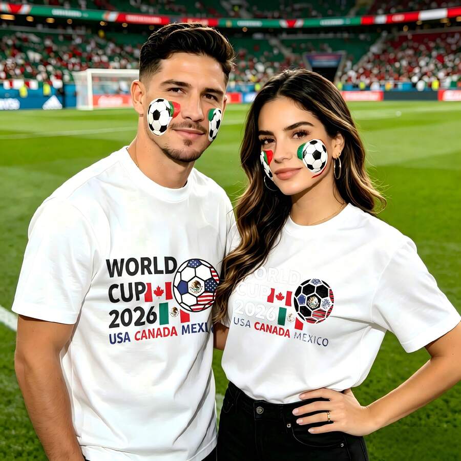 Couple Football Pattern T-Shirt, 100% Cotton, Loose Fitting, Soft And Breathable, Casual Round Neck Short Sleeved Top World Cup 2026 Usa Canada Mexico Printed Patterns, Dating, Leisure Travel, Gatherings, Simple Cartoon Printing Style, High Cost-Effectiveness Suitable For Watching Live Sports Games, - 白色 - 查看 1
