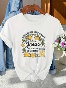 2026 New Women's Pure Cotton Crew Neck T-Shirt, Graphic Print T-Shirt "LIFE GAVE ME SOME LEMONS, BUT MY JESUS MADE ME LEMONADE", Black T-Shirt With Knotted Hem And Lemon And Lemonade Illustrations, Casual Cotton T-Shirt For Christian Lovers, Lightweight Summer Clothing For Everyday Wear. 100% Pure Cotton, Versatile And Comfortable For Everyday Wear In Spring And Summer. Breathable And Comfortable. - 白色 - 查看 12