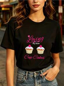 Spring And Summer Tops, 180g T-Shirt With A Heart-Shaped Cupcake Print, A Perfect Gift For Friends And Family, A Comfortable And Stylish Choice For Summer Music Festivals And Team-Building Activities. EUYN - 黑色 - 查看 6