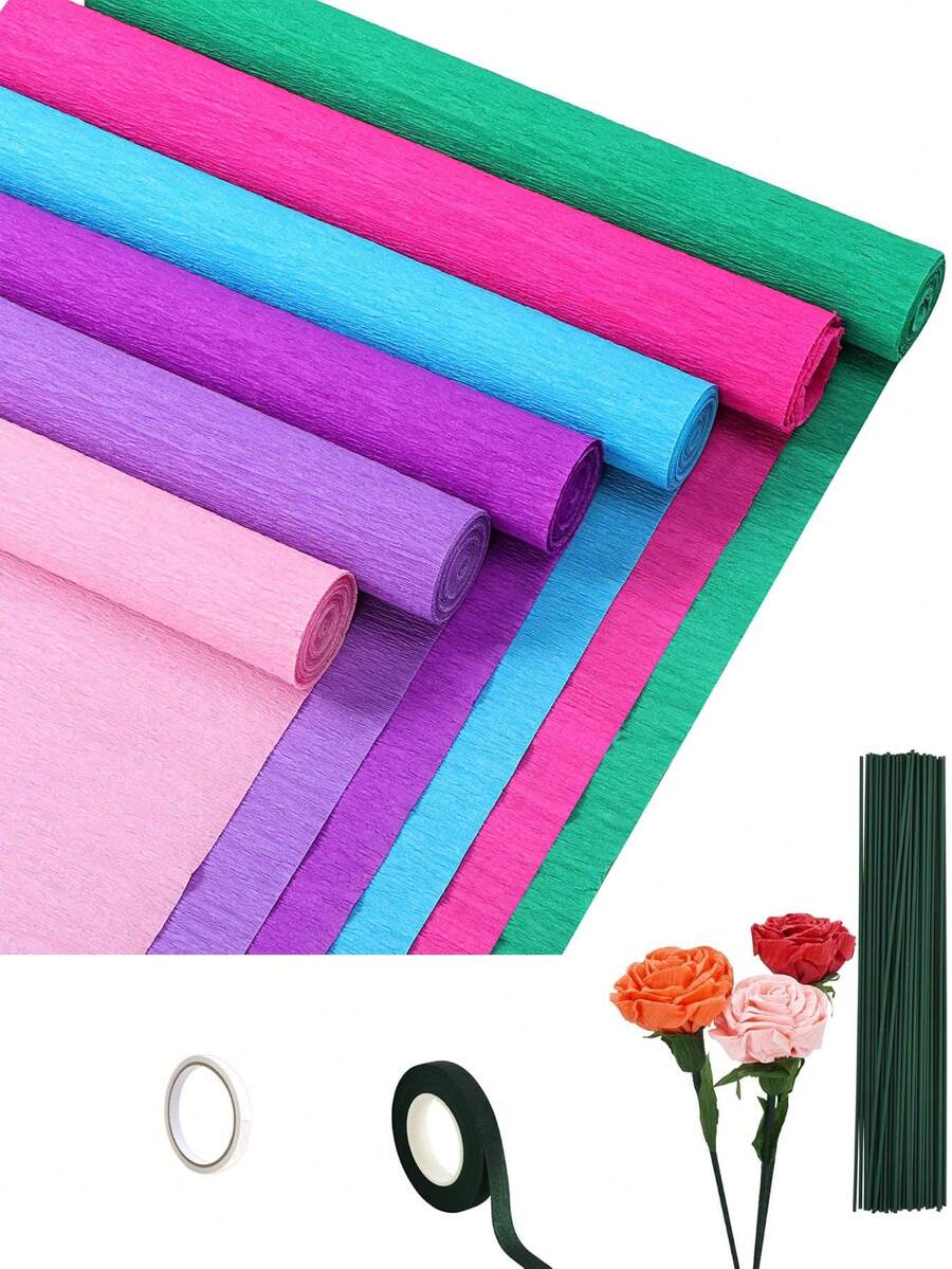 48/6/3/1pcs Ocean Color Crepe Paper Flower DIY Set, 10in X 98in Crepe Paper, Perfect For Birthday Party And Wedding DIY Bouquets
