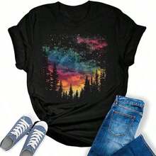 100% Cotton Women's Hiking T-Shirt, For Mountain, Camping, Nature, With Pine And Sunrise Print, Short Sleeve, Regular Fit, Comfortable Cotton Graphic Tees. - 黑色 - 查看 6