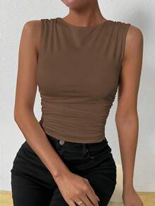Camiseta de tirantes ajustada con cuello de tripulación y pliegues de unicolor de verano para mujer - Café integral 2 - Ver 6