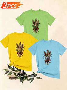 Women's T-Shirts, Women's T-Shirts, Casual One-Piece T-Shirt With Wheat Stalk Print And Red Ribbon, Summer Fashion, Comfortable And Versatile Top. - 1件黑色隨機圖案 - 查看 6
