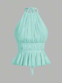 Top sin espalda con cuello de halter con pliegues y cintura con lazo para mujer - Celeste - Ver 6