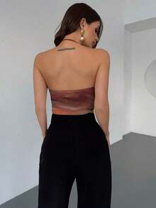 Top de cuello halter para fiesta sin espalda con fornteras drapeadas y diseño sólido - Multicolor 7 - Ver 3