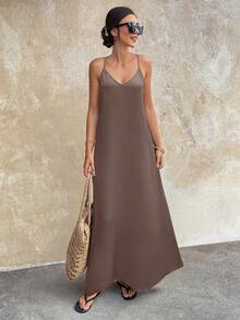 Vestido largo elegante de mujer con tirantes finos, espalda descubierta y lentejuelas, adecuado para fiestas, bodas, playa y vacaciones, color negro, para verano - Cafetería - Ver 3