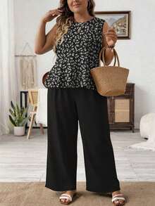 LUNE Conjunto de 2 Piezas para Mujer Talla Grande, Camisola de Verano de Color Sólido con Cuello Redondo y Volantes en el Bajo y Pantalón de Pierna Ancha Holgado - Multicolor 5 - Ver 2